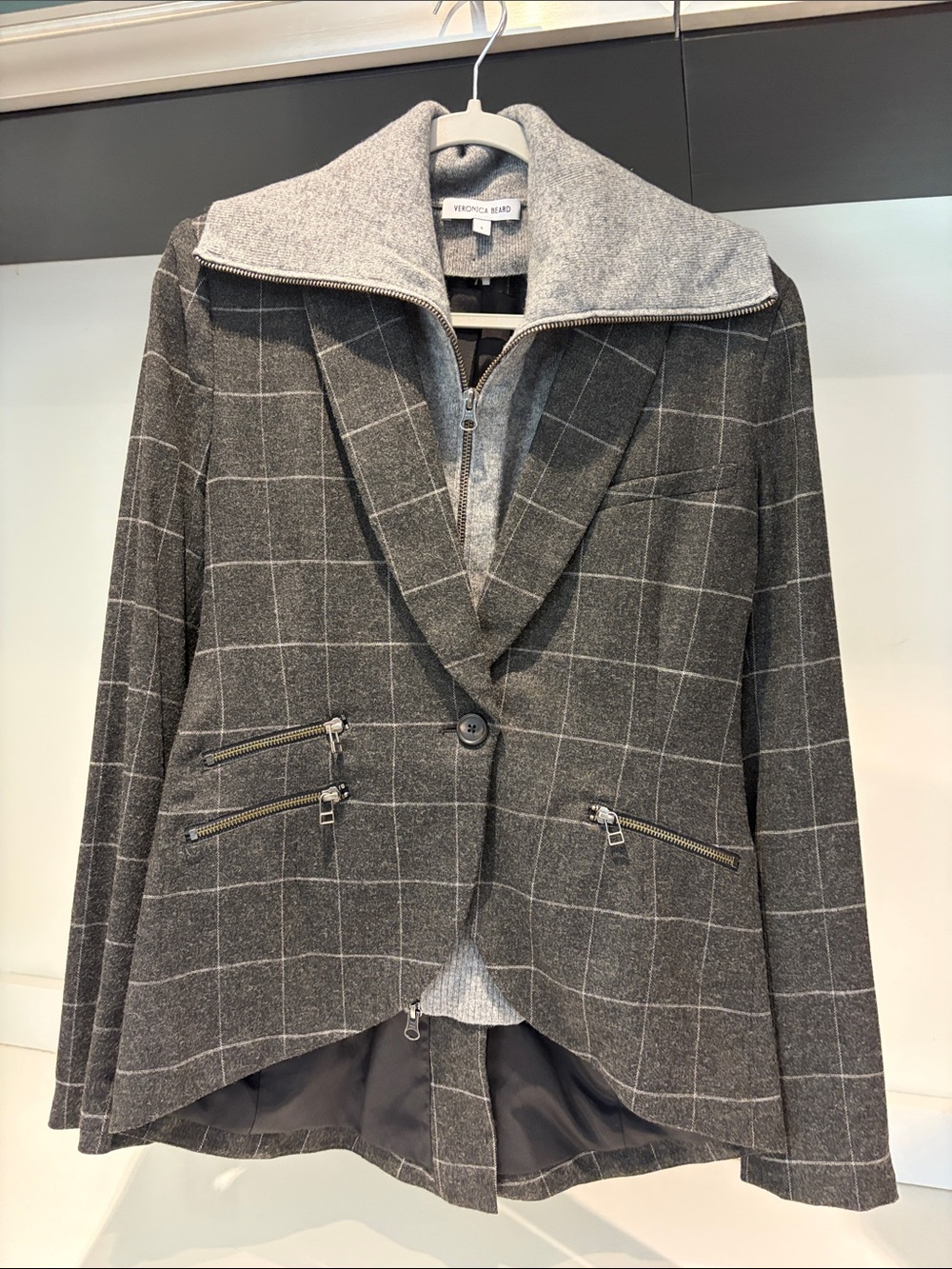 $795 Veronica Beard Freebird Charcoal windowpane checkered wool Dickey Jacket 8